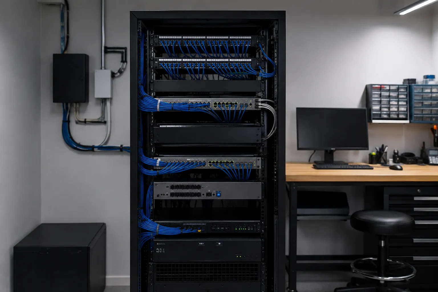 Network rack with neatly routed blue cables beside a technician workbench