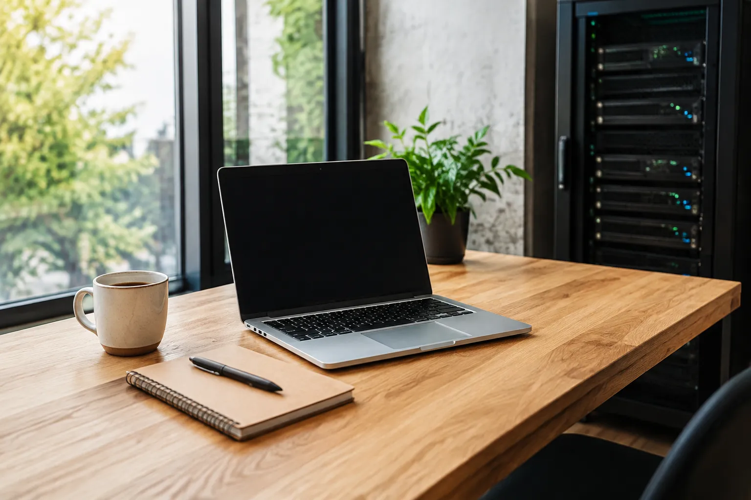 Office desk with a laptop, notebook and ceramic mug in front of a server rack